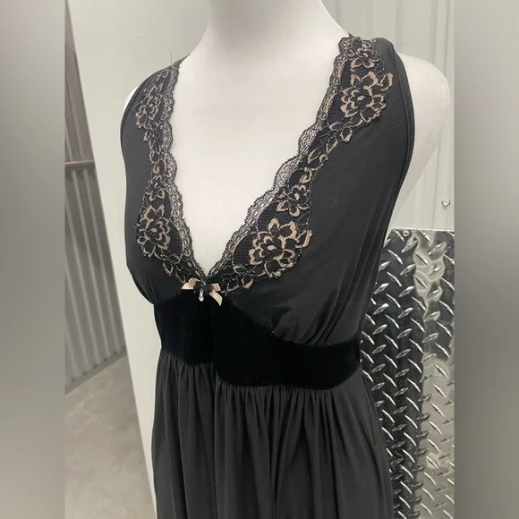 Y2K Black Velvet Babydoll Leopard Lace Maxi Slip Dress Medium Whimsigoth Goth - Picture 2 of 9